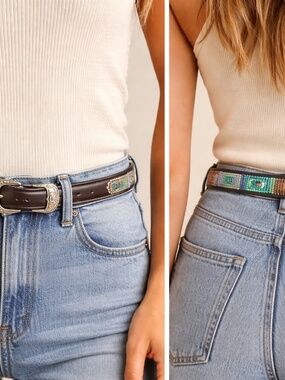 Vintage Beaded Leather Belt 7/8” Native Motif Size S 28 Boho Western